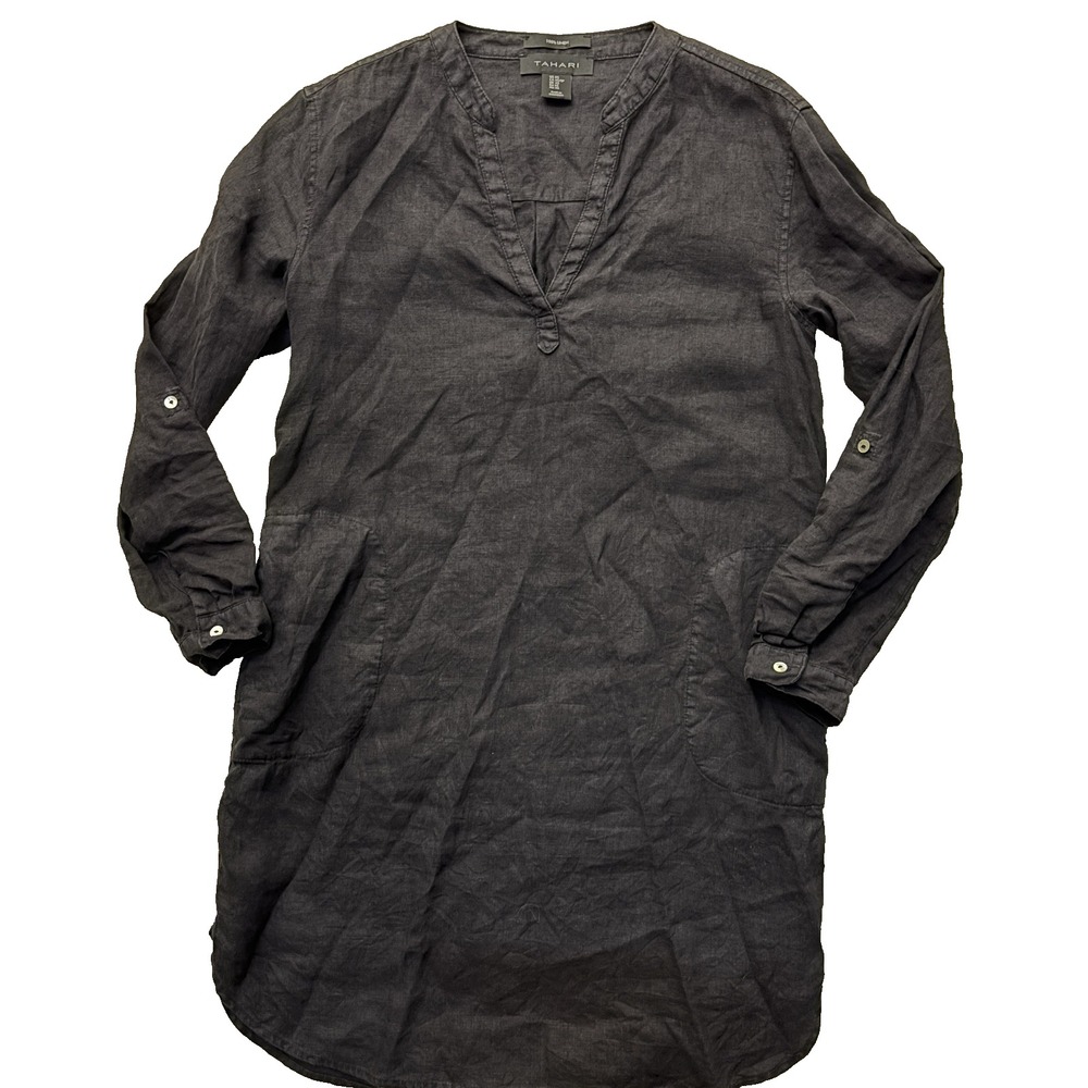Tahari 100% Linen Tunic Shirt Dress XS Pockets Minimal Monochrome Casual Comfort - Picture 10 of 11